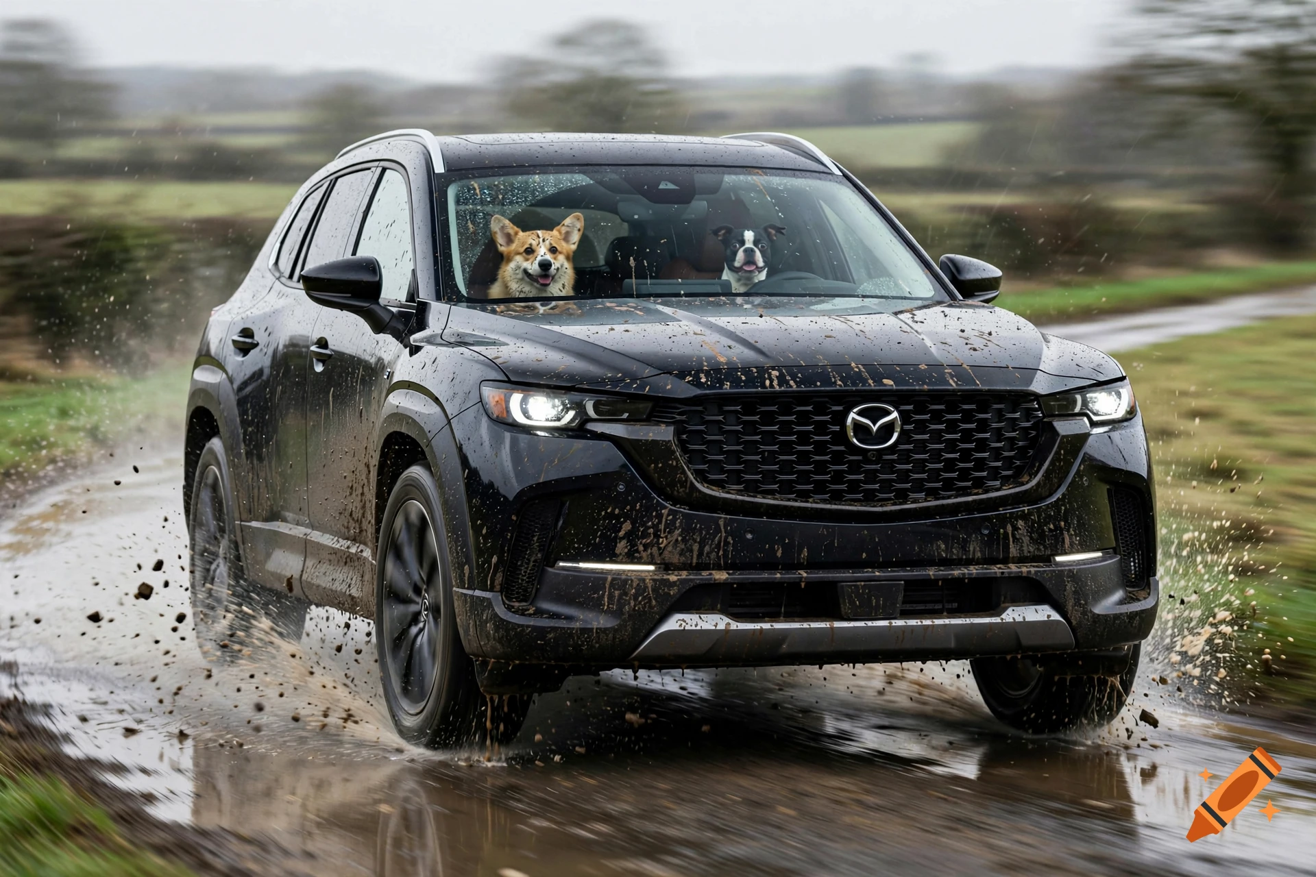 Photorealistic image of a black Mazda SUV driving through mud, with a corgi and boston terrier inside looking out the windshield.