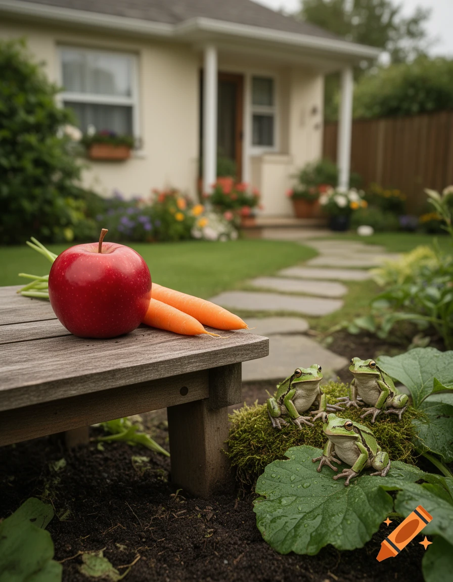 Photorealistic image of a red apple, two carrots on a wooden table, and three green frogs sitting on moss near a house and garden.