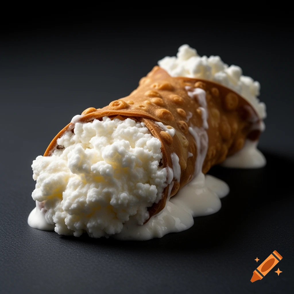 Photorealistic close-up of an Italian cannoli overflowing with white ricotta cream on a black background.