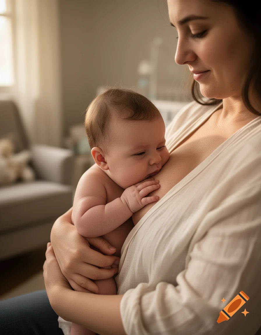 Photorealistic image of a mother holding a newborn baby close to her chest.