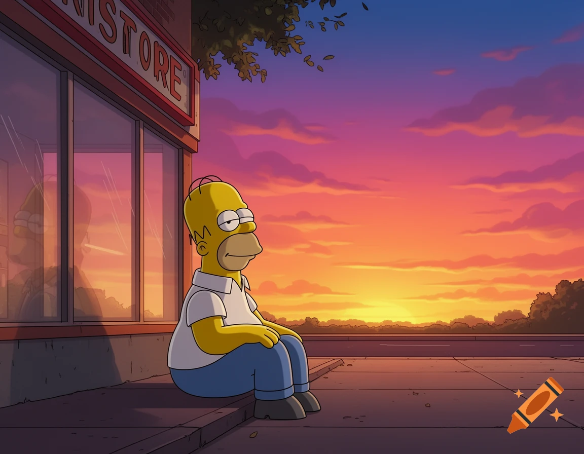 Homer Simpson sitting calmly on a curb outside a store at sunset, animated style.
