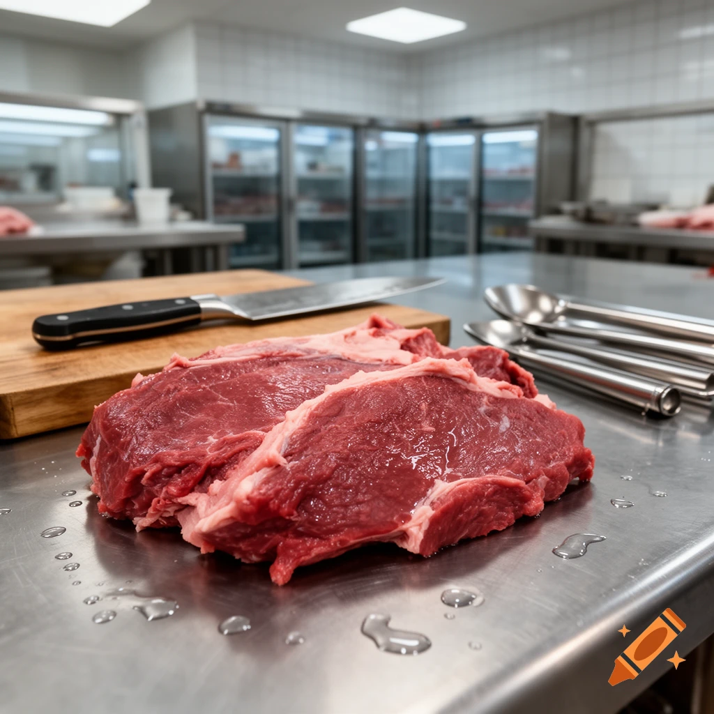 Photorealistic image of fresh raw steaks on a metal prep table in a commercial kitchen.