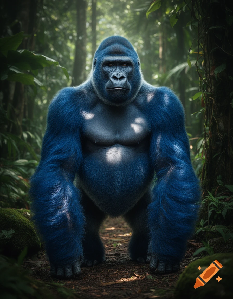 Photorealistic blue gorilla standing in a dense jungle.