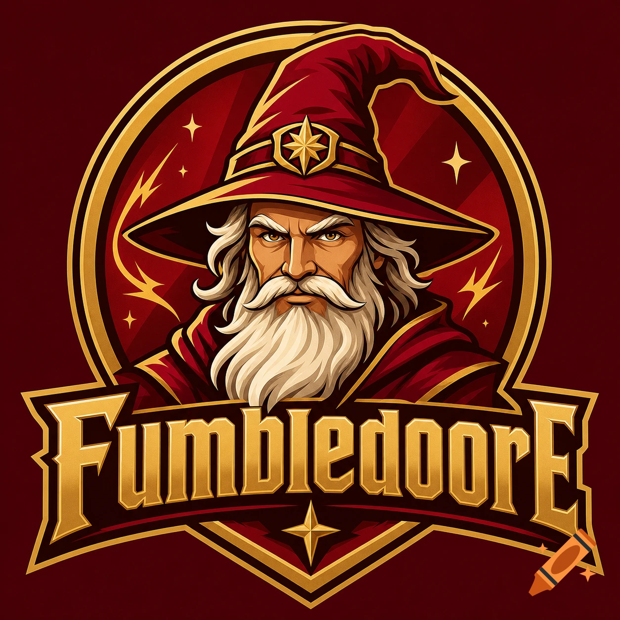 Esports style logo with a wizard in a red and gold hat, with text reading Fumbledoore.