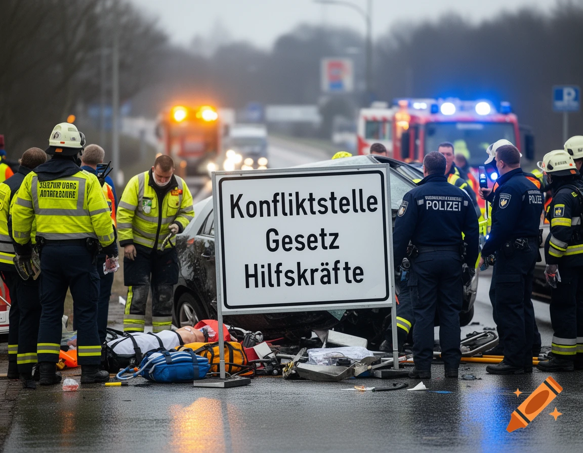 Photorealistic scene of a traffic accident with emergency services, police officers, and a sign reading Konfliktstelle Gesetz Hilfskräfte.