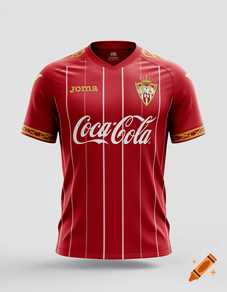 Photorealistic rendering of a red and white Córdoba CF away football jersey with gold details, Joma branding, and Coca-Cola sponsor logo.