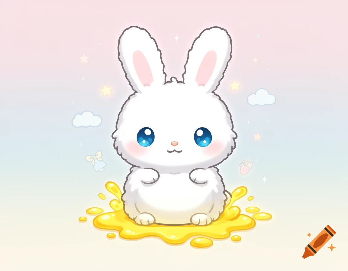 Chibi white rabbit with blue eyes sitting on a yellow slime puddle in a cute anime style.