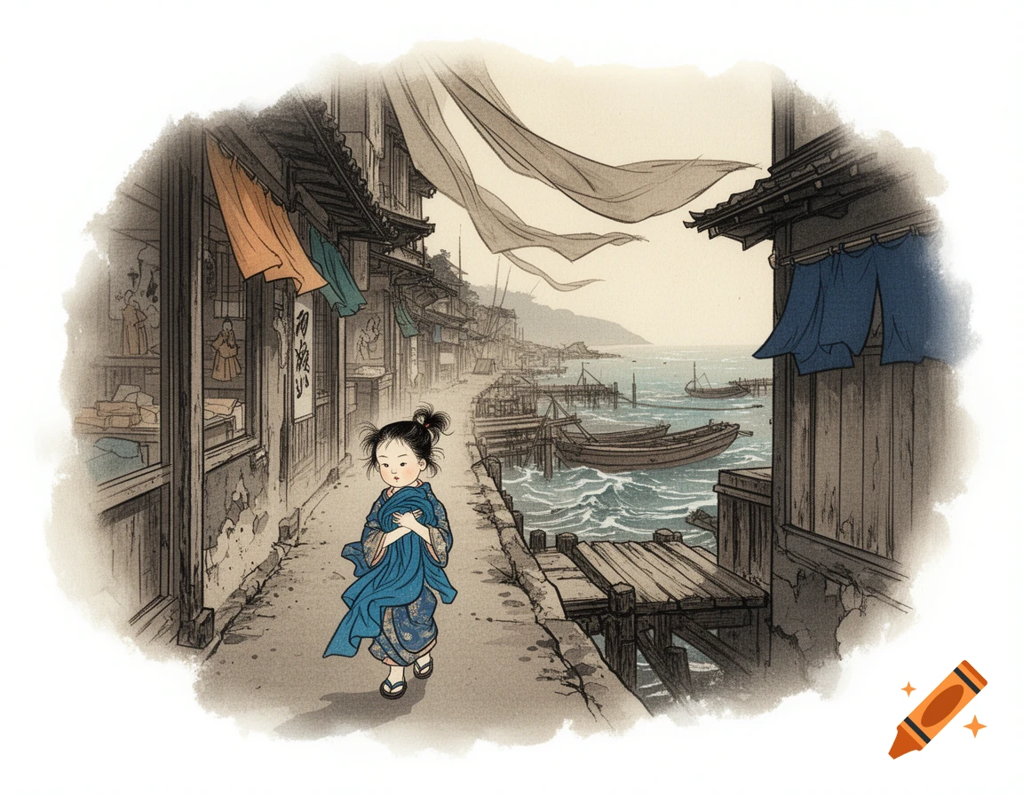 Ukiyo-e style illustration of a small Japanese girl walking along a coastal street carrying blue silk fabric.