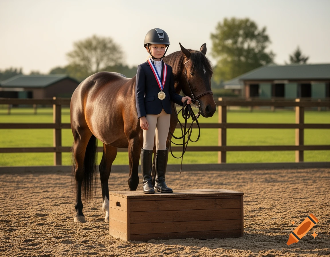 Photorealistic image of a young girl in equestrian outfit standing on a wooden podium holding a horse by the lead rope, wearing a medal.