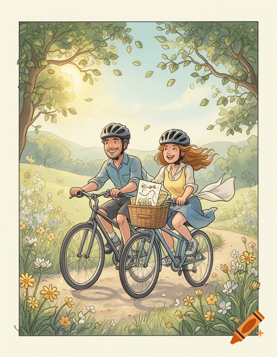 Comic style watercolor illustration of a smiling man and woman riding bicycles with helmets through a green landscape with flowers and trees.