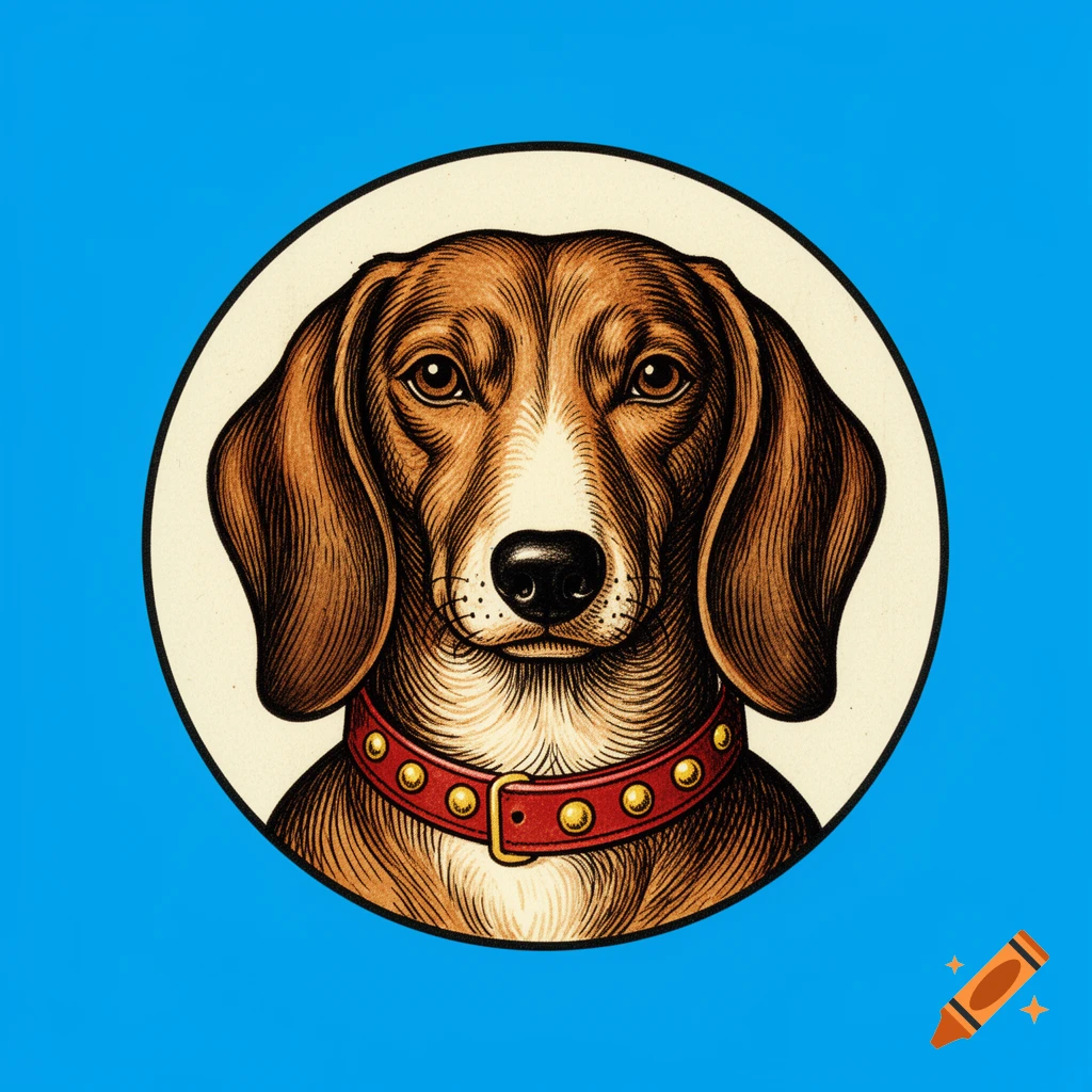 Illustration of a dachshund head with floppy ears and a red collar in a woodcut style inside a circle.