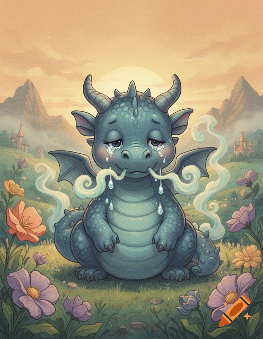 A sad, chubby blue cartoon dragon with tears and smoke coming from its nose, sitting in a flower-filled meadow.