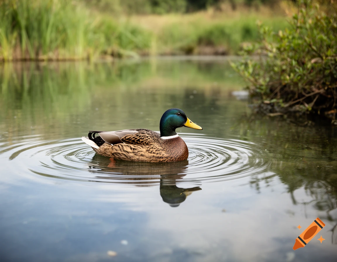 Photorealistic mallard duck swimming in a calm pond with ripples, surrounded by greenery.