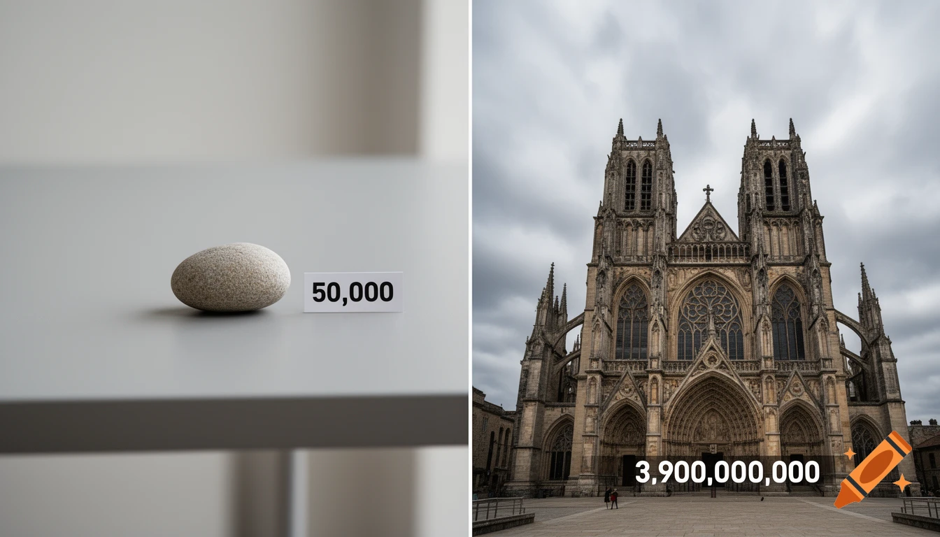 Side-by-side scale comparison showing a small pebble labeled 50,000 next to a massive cathedral labeled 3,900,000,000.