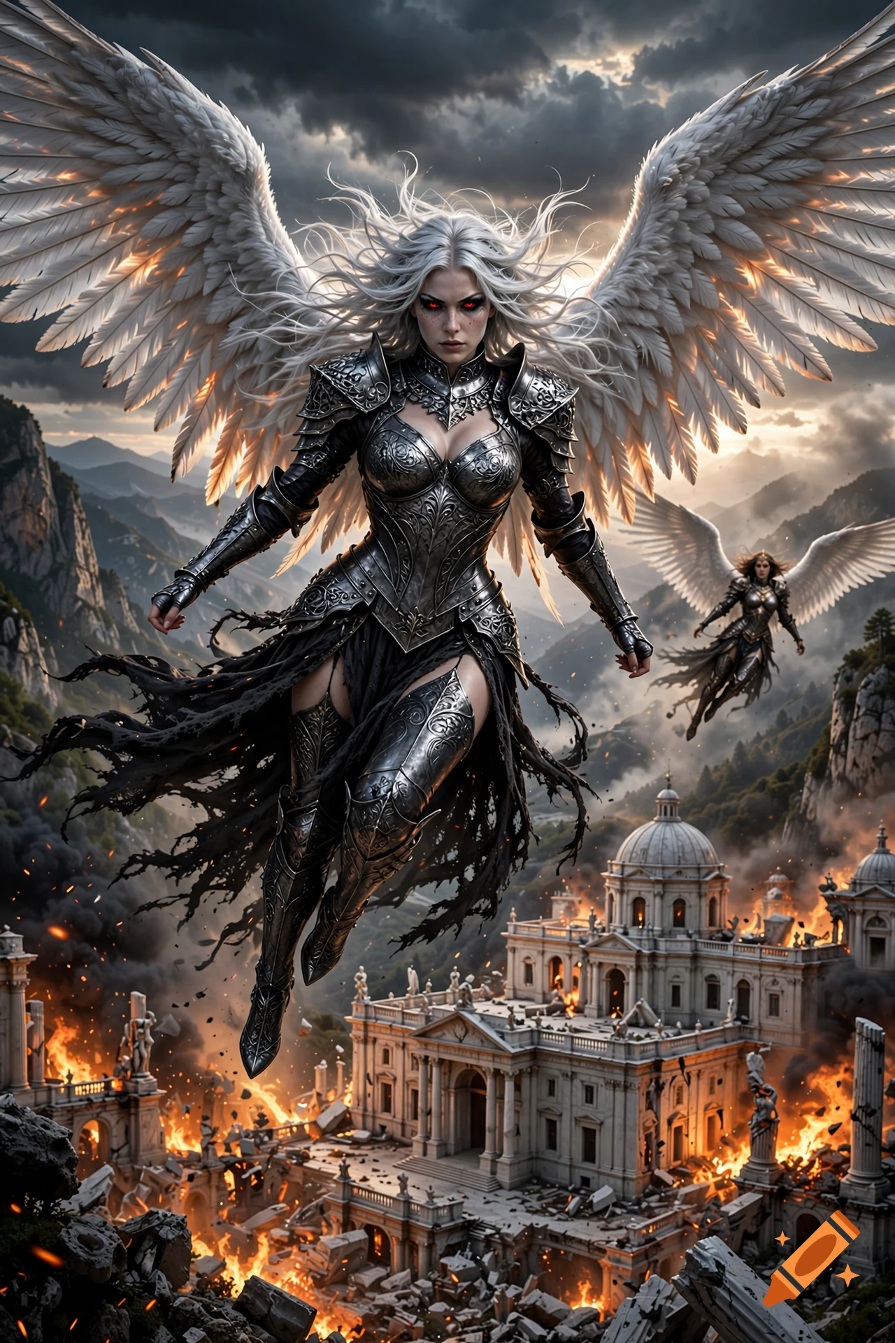 Photorealistic fantasy portrait of a winged female warrior in silver armor soaring over a burning palace.