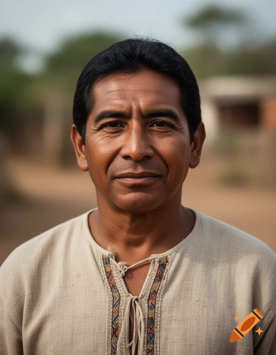 Close-up photorealistic portrait of an Indigenous Mexican man with dark skin, dark hair, and a traditional embroidered tunic.