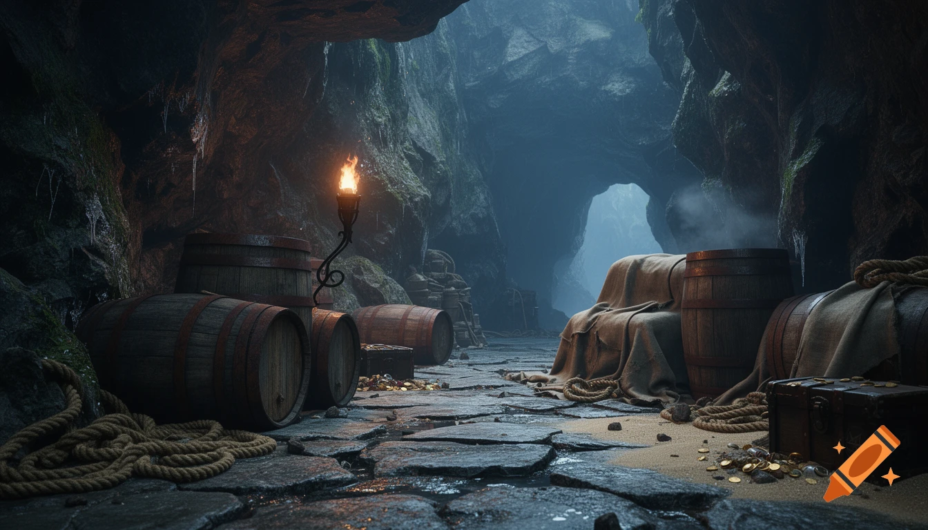 Cinematic shot of a hidden pirate rum cache inside a dark cave with barrels, torchlight, and gold coins scattered on stone floor.