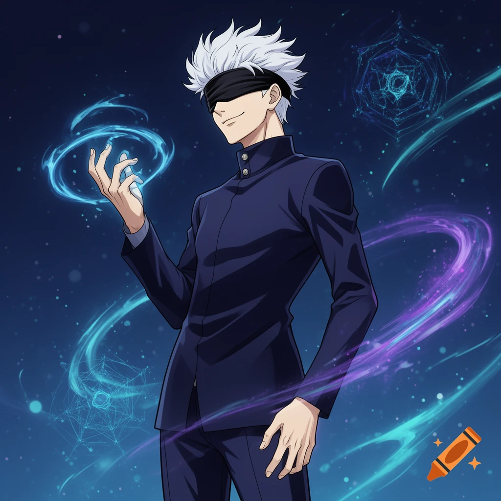 Anime illustration of Gojo Satoru with white hair and a blindfold, surrounded by glowing blue and purple magical energy against a dark space background.