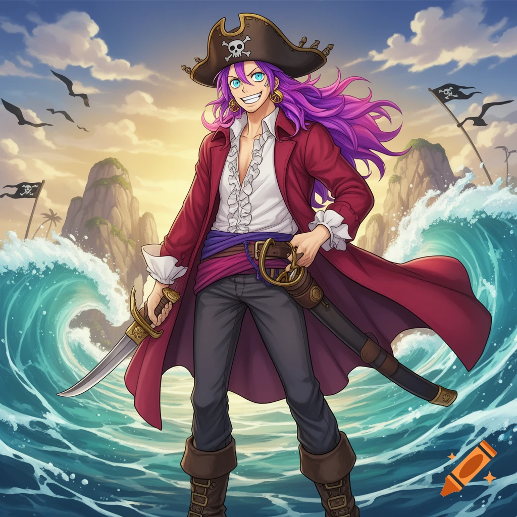 Anime style illustration of a pirate with long purple-pink hair, light blue eyes, a tricorne hat, and a sword standing in front of ocean waves.