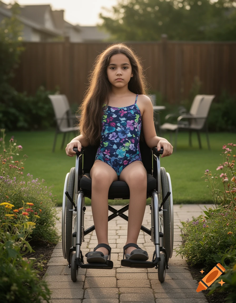Photorealistic portrait of a young girl with long dark hair sitting in a wheelchair in a backyard.