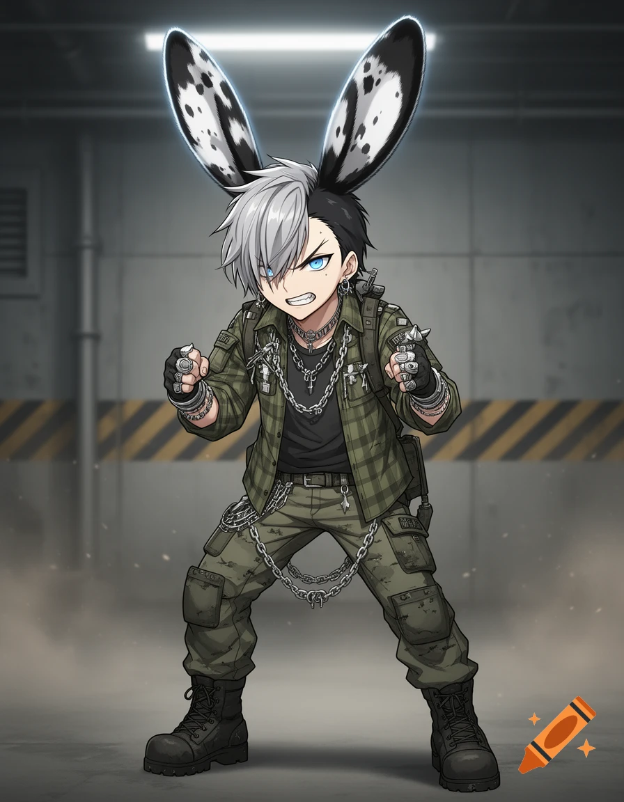 Anime male military bunny hybrid with long speckled ears, emo hair, plaid shirt, and chains in a gritty industrial setting.