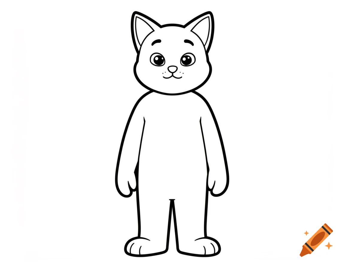 Black and white coloring page of an anthropomorphic cat standing upright.