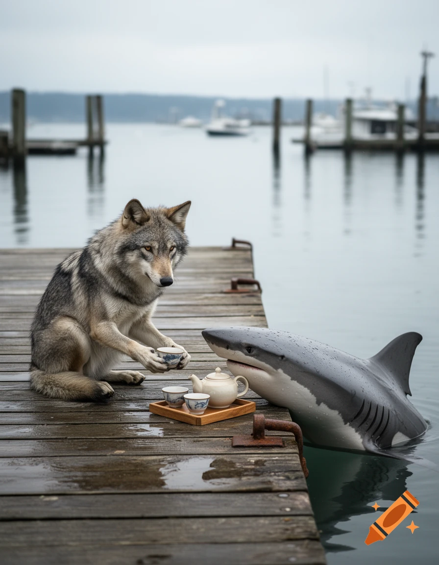Photorealistic image of a wolf sitting on a wooden dock, sharing tea with a great white shark emerging from the water.