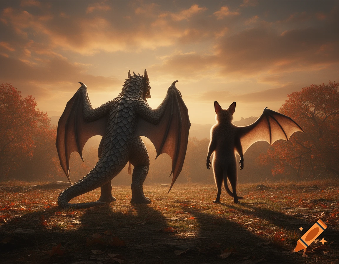 Rear view of a dragon and a winged cat standing together in a landscape with autumn trees under a warm sunset sky.