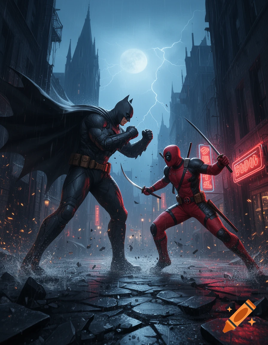 Batman and Deadpool fighting in a dark, rainy alleyway lit by neon signs, cinematic style.