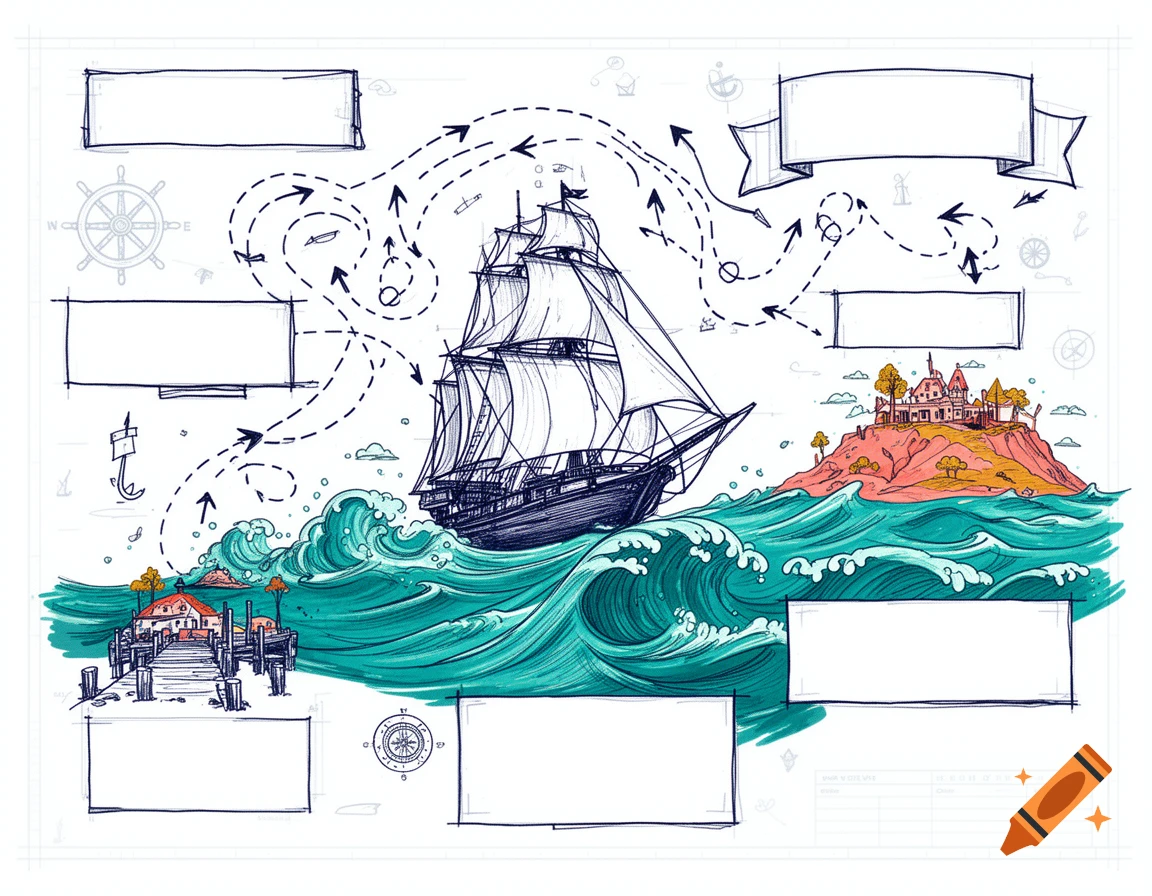 Hand-drawn blueprint infographic of a sailing ship journey on teal waves, with islands, dashed paths, and blank text boxes.