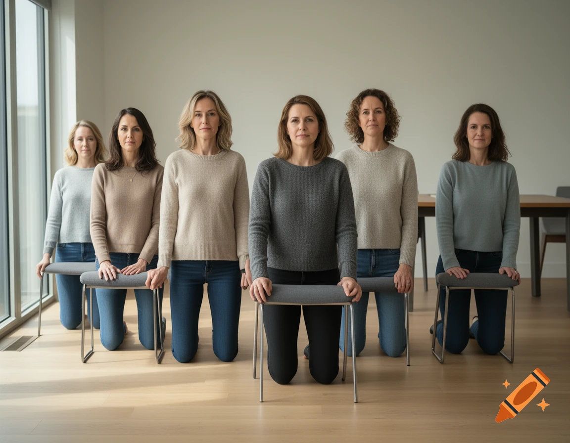 Photorealistic image of six women in matching sweaters kneeling on chairs in a brightly lit room.
