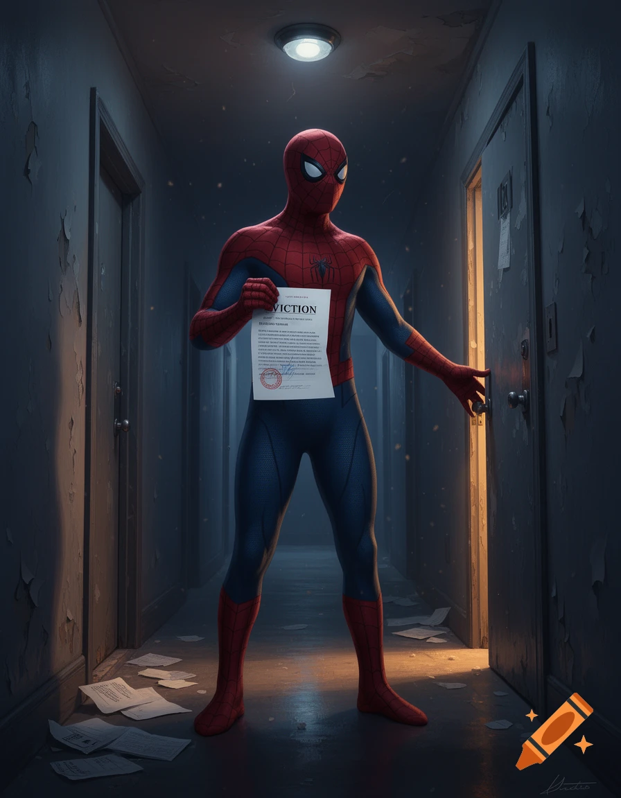 Spider-Man standing in a dim, peeling wallpaper hallway holding an eviction notice, photorealistic style.