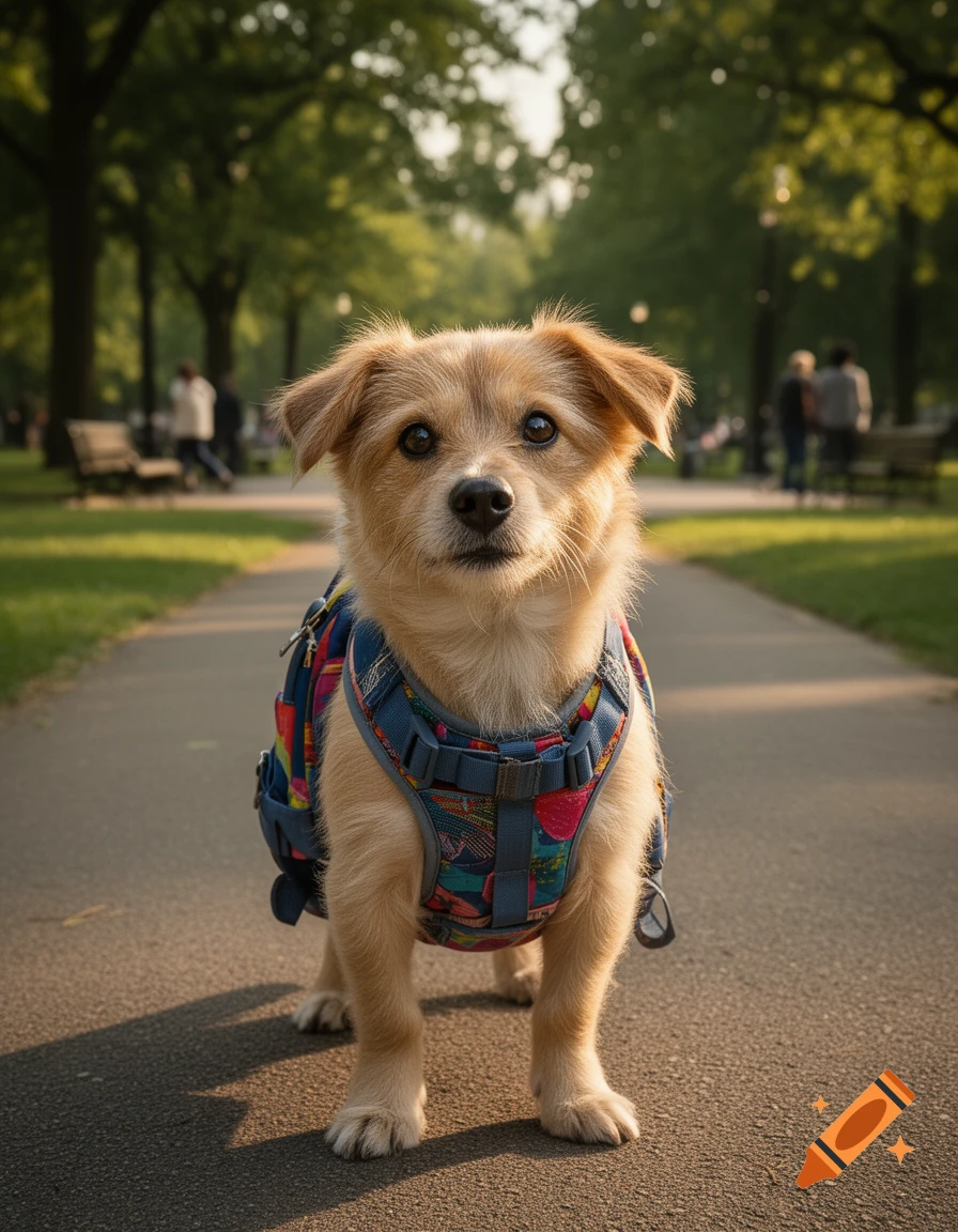A photorealistic small dog wearing a blue backpack standing on a paved park pathway.