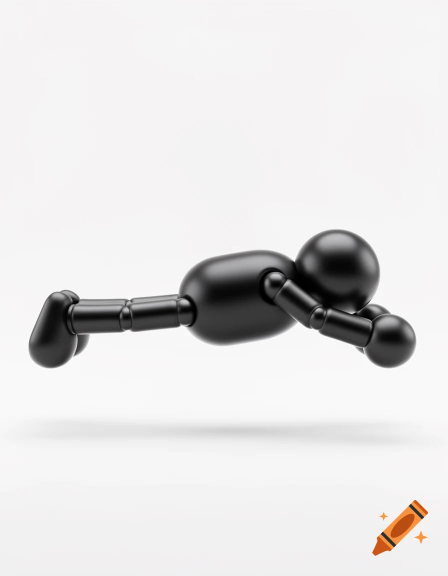 Minimalist 3D render of a glossy black rounded character doing a plank pose against a clean white background.