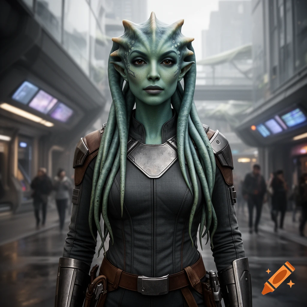 Photorealistic portrait of a female Nautolan alien in sci-fi armor standing in a futuristic city street.