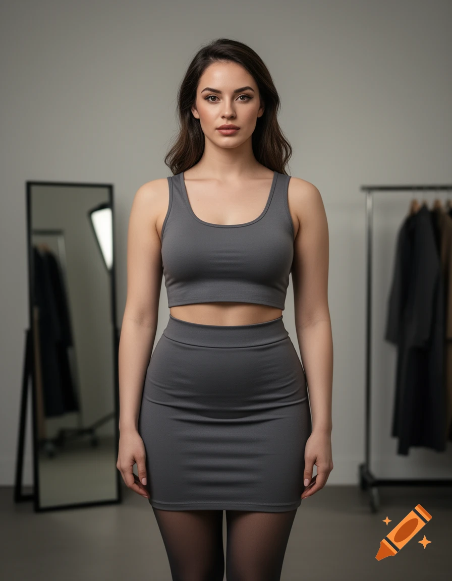 Photorealistic full-body shot of a woman wearing a grey crop top and skirt, standing in a room with a mirror and a clothing rack.