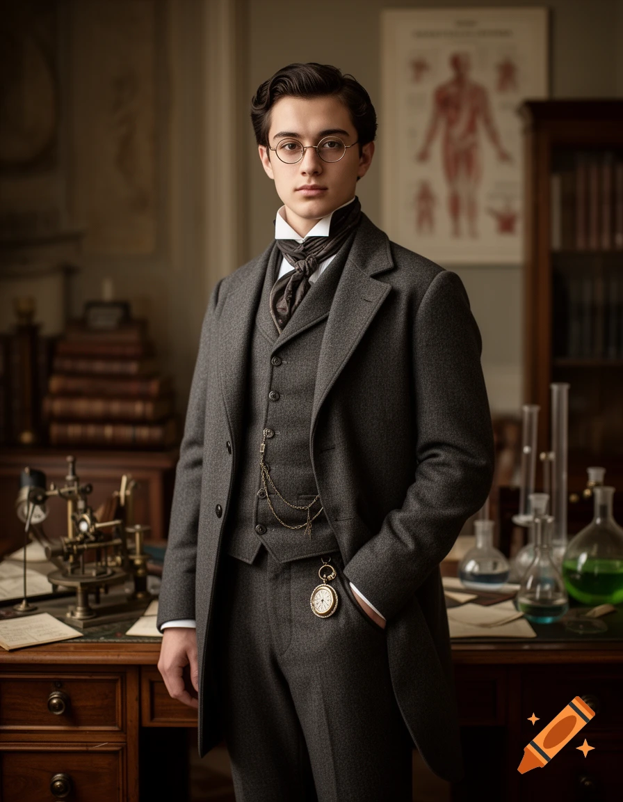 Photorealistic portrait of a young 19th-century man in a grey suit and round glasses in a study.