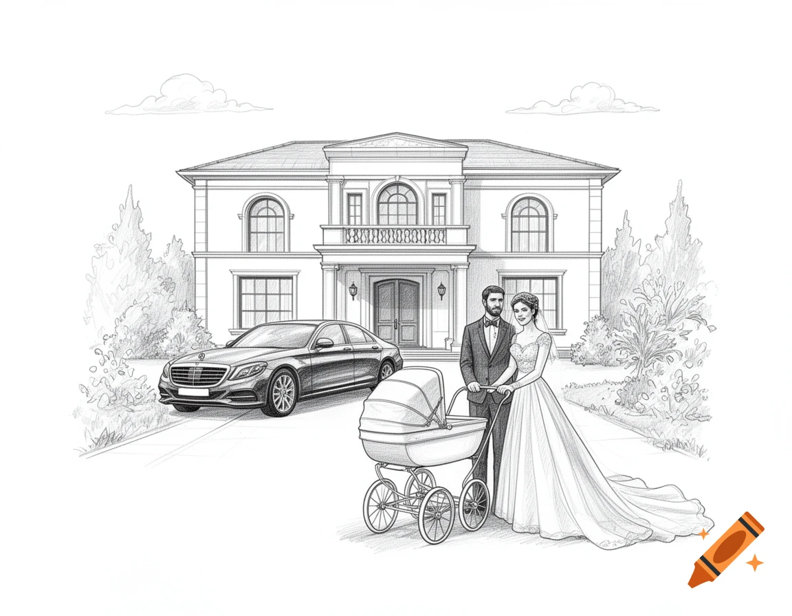 Pencil sketch of a bride and groom with a baby stroller, a luxury car, and a large mansion in the background.