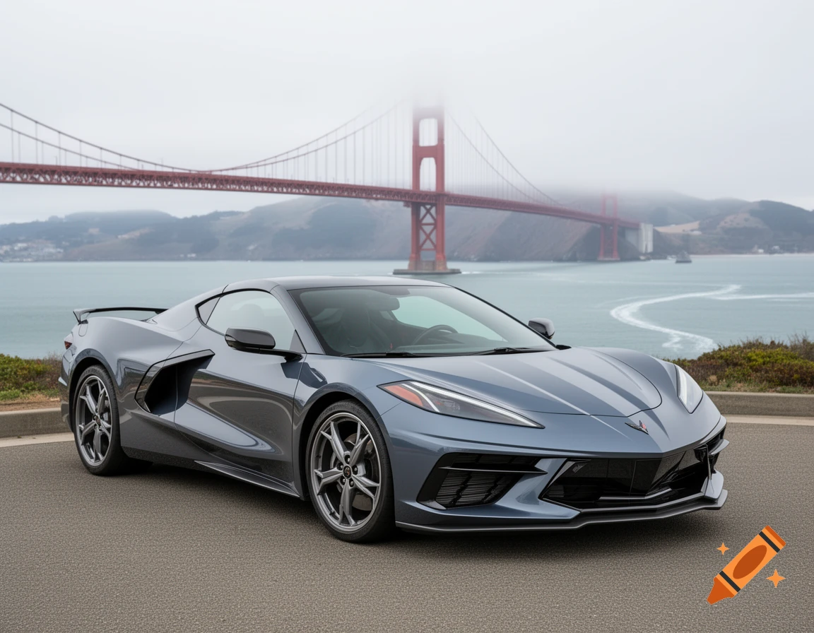 Photorealistic image of a grey sports car parked with the Golden Gate Bridge in the background.