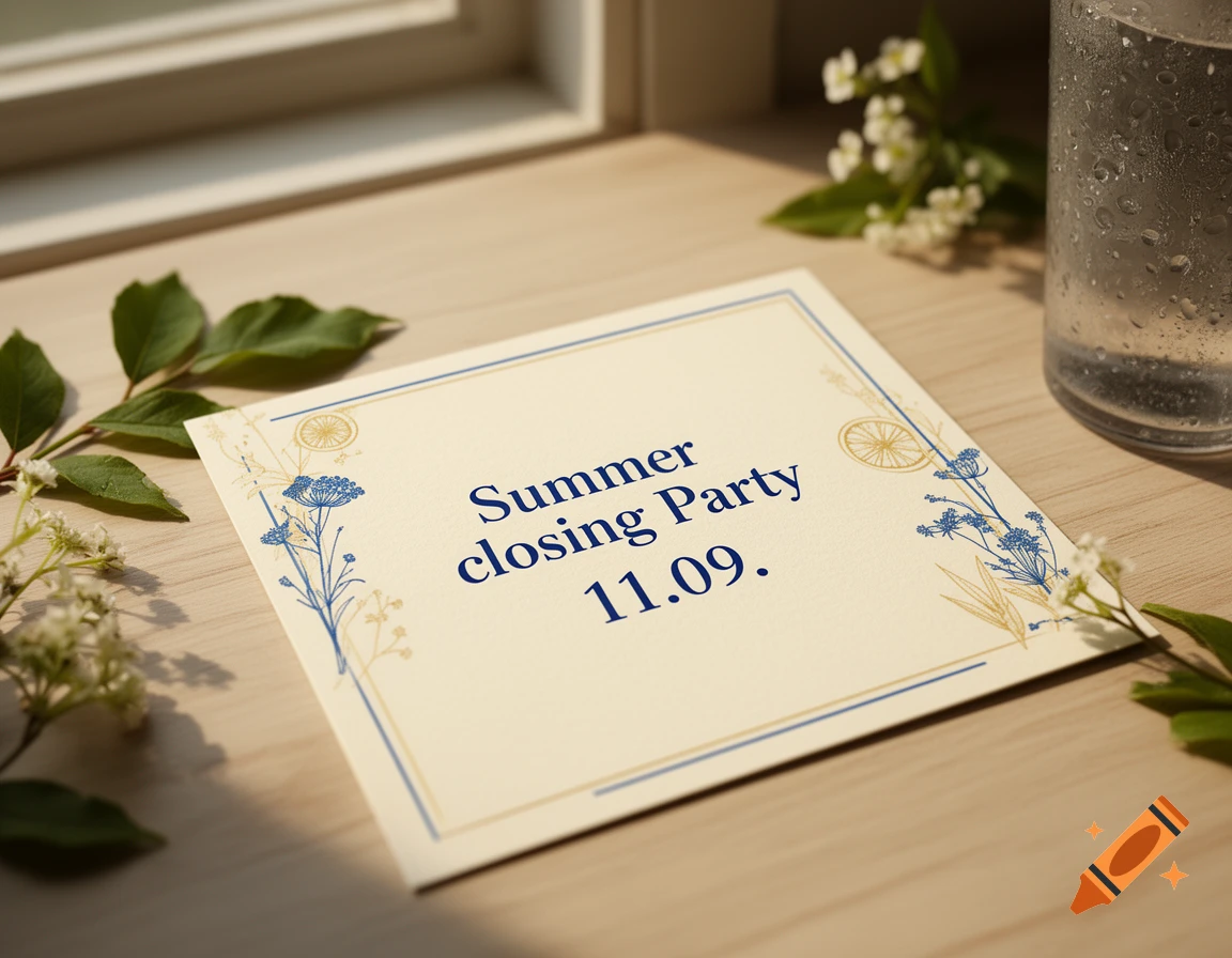 An invitation card reading Summer closing Party 11.09. on a wooden table next to a glass of water and flowers, photorealistic.