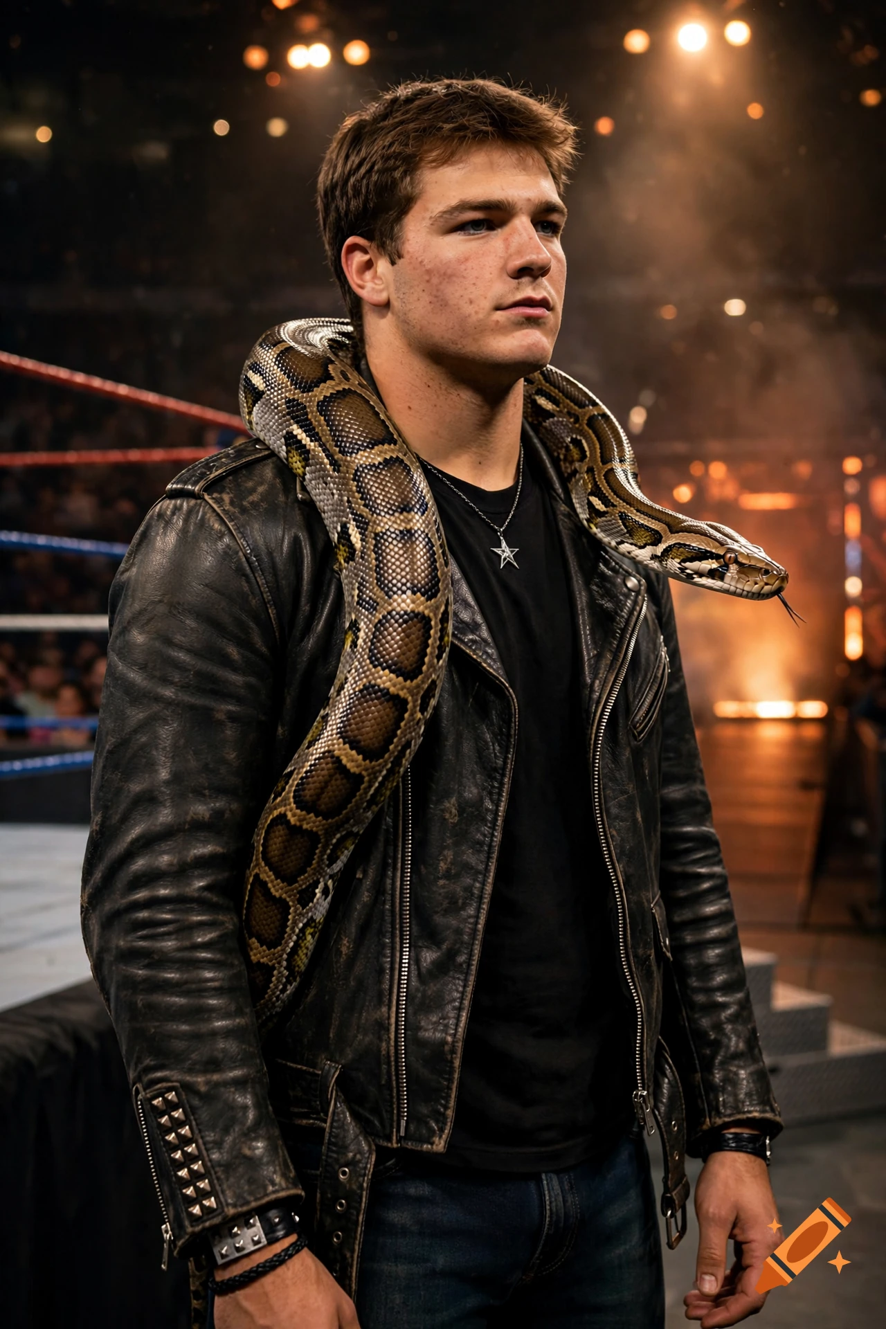 Photorealistic portrait of a young man with a large python draped around his shoulders in a wrestling arena.