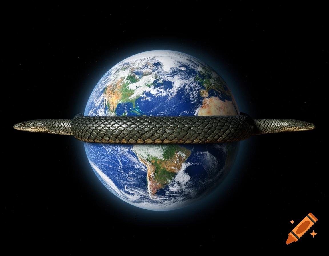 A photorealistic depiction of a giant serpent slithering horizontally through the planet Earth in deep space.