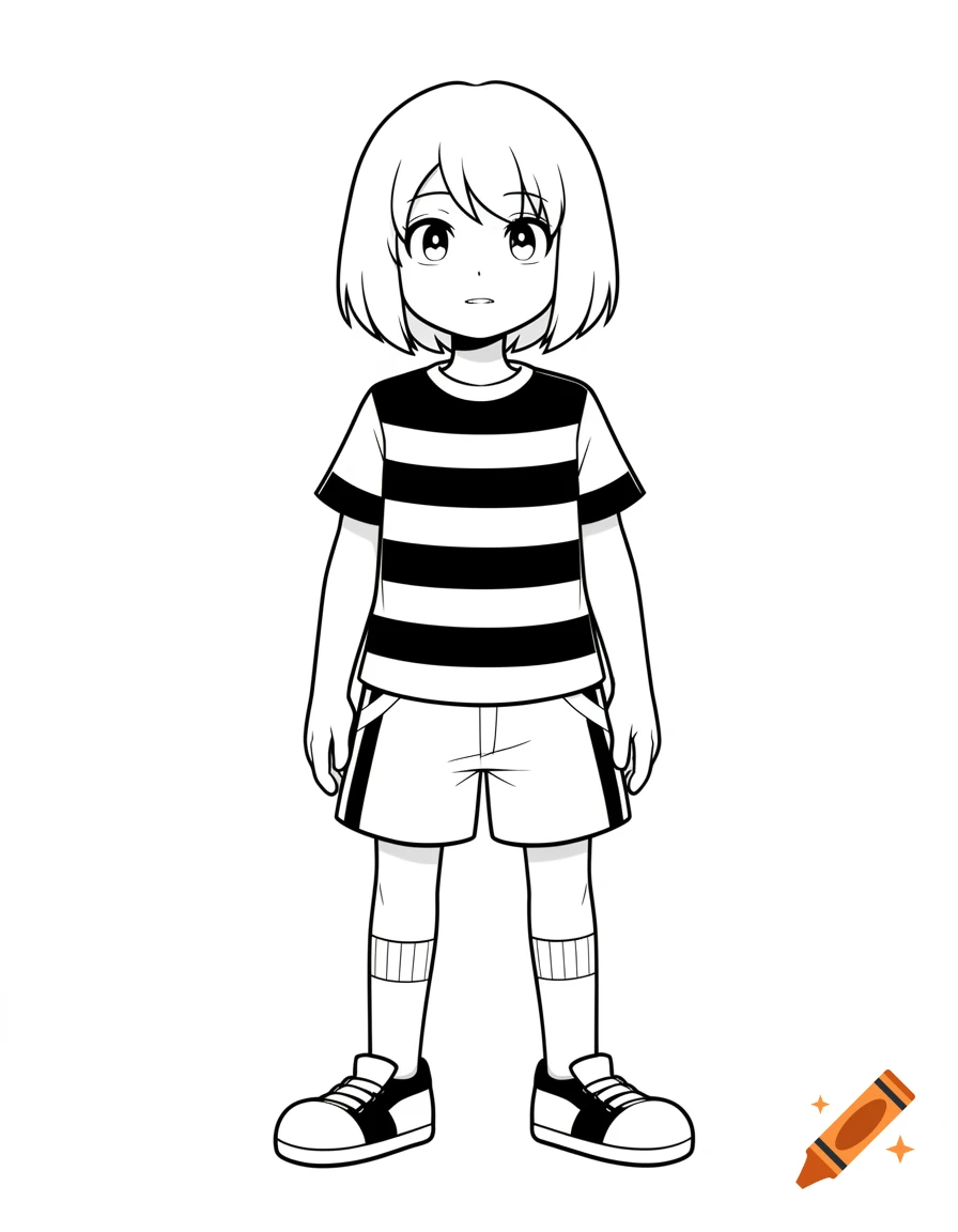 Black and white line art drawing of a character with short hair wearing a striped shirt and shorts, standing.