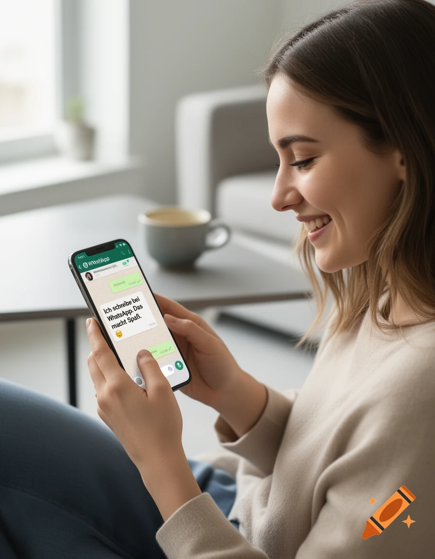 A young smiling woman holding a smartphone showing a messaging app interface, sitting indoors with a coffee cup in the background.