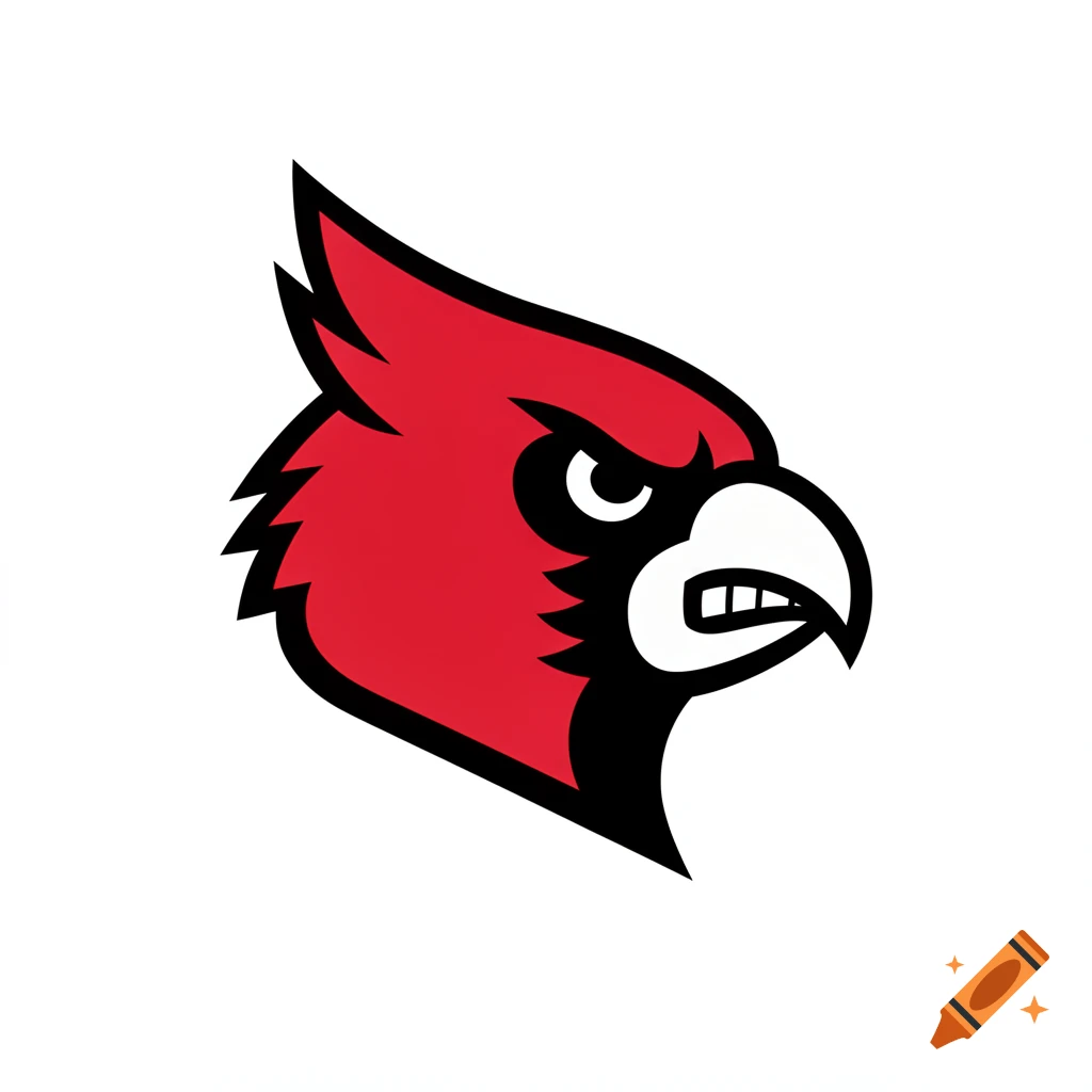 Stylized graphic illustration of a red cardinal's head with an angry expression and black accents.