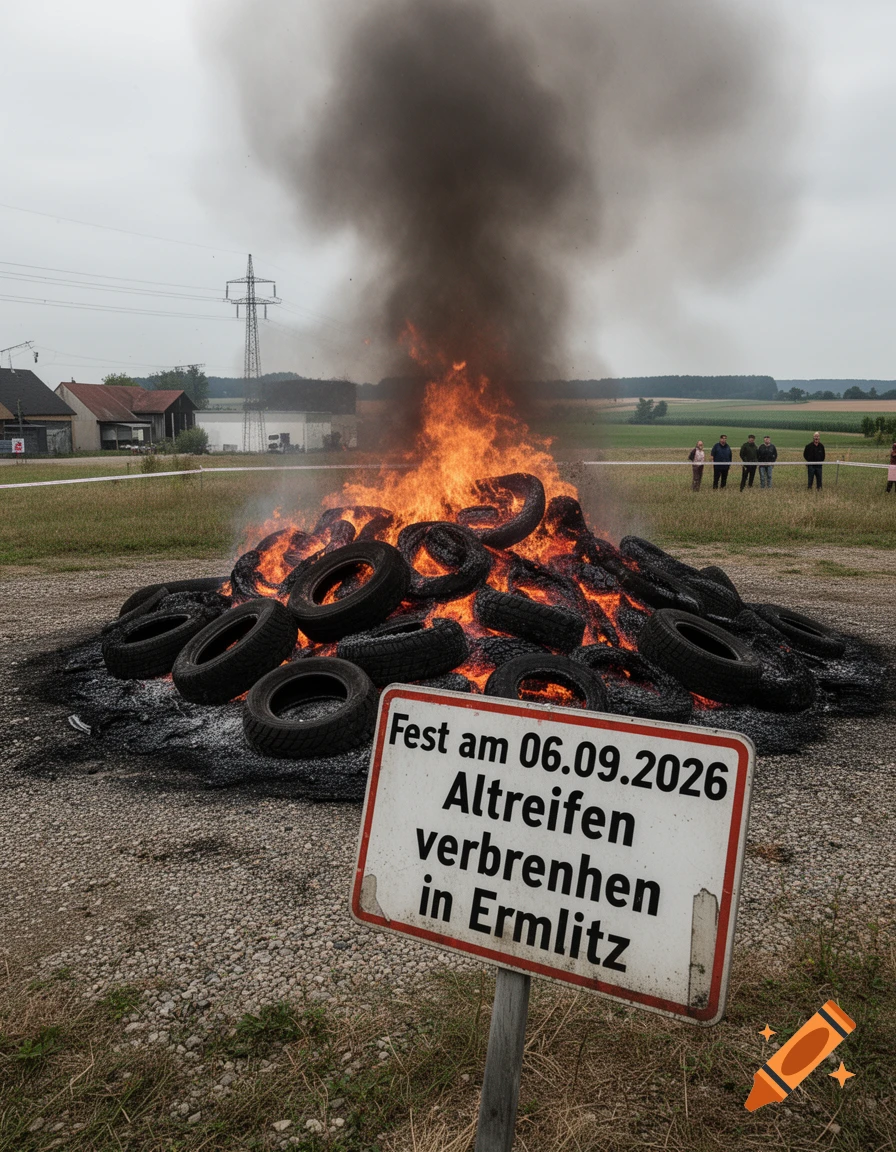 A large bonfire of old tires burning with black smoke in a field, with a foreground sign reading 'Fest am 06.09.2026 Altreifen verbrennen in Ermlitz'.