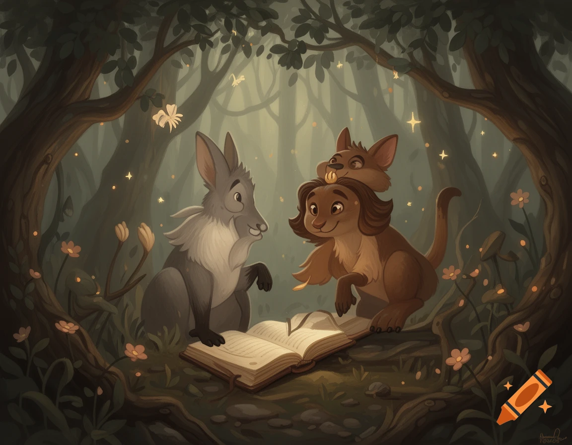 Digital painting of two whimsical fantasy animals reading an open book in a magical forest.