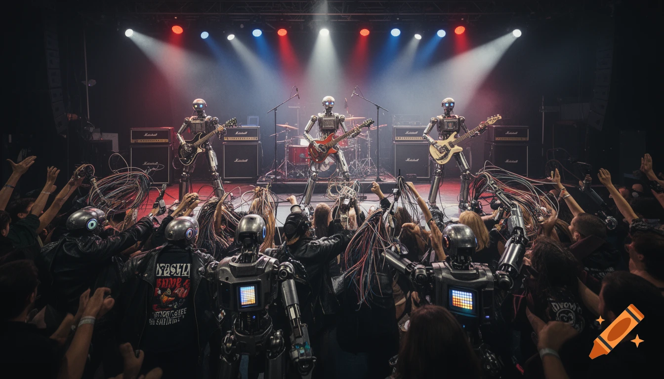 A rock concert viewed from the crowd, featuring a band of robots on stage and robotic fans headbanging in the audience, photorealistic.