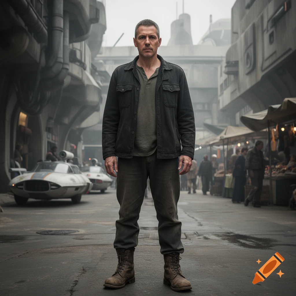 Photorealistic full-body portrait of a man in civilian clothes standing on a futuristic street.