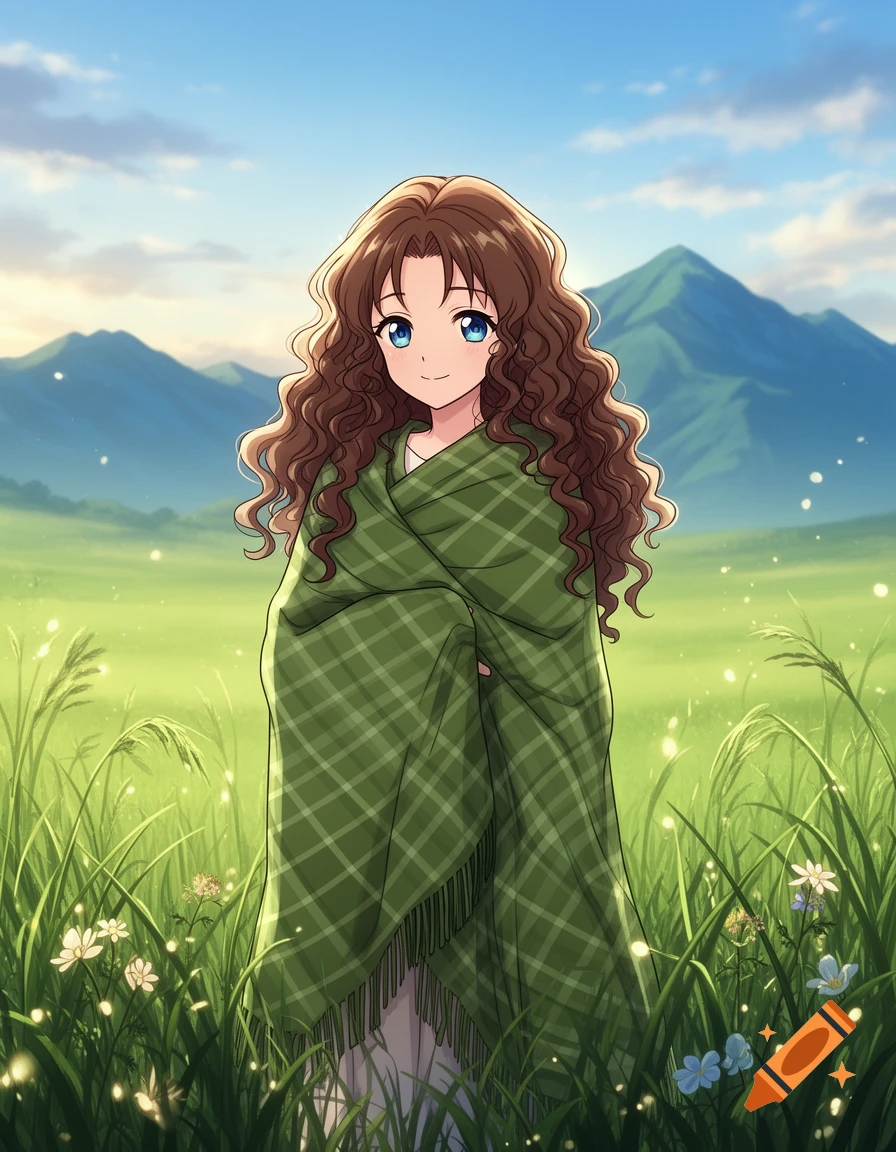 Anime style illustration of a young woman with curly brown hair wrapped in a green plaid blanket in a grassy field.